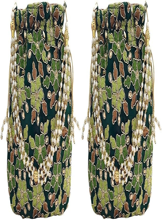 حقيبة دوقة خضراء بتصميم أنيق، مزينة بمقبض من اللؤلؤ وشرابة، حقيبة يد نسائية/بناتية للحفلات، والمناسبات غير الرسمية، وحفلات الزفاف (عبوة من قطعتين)